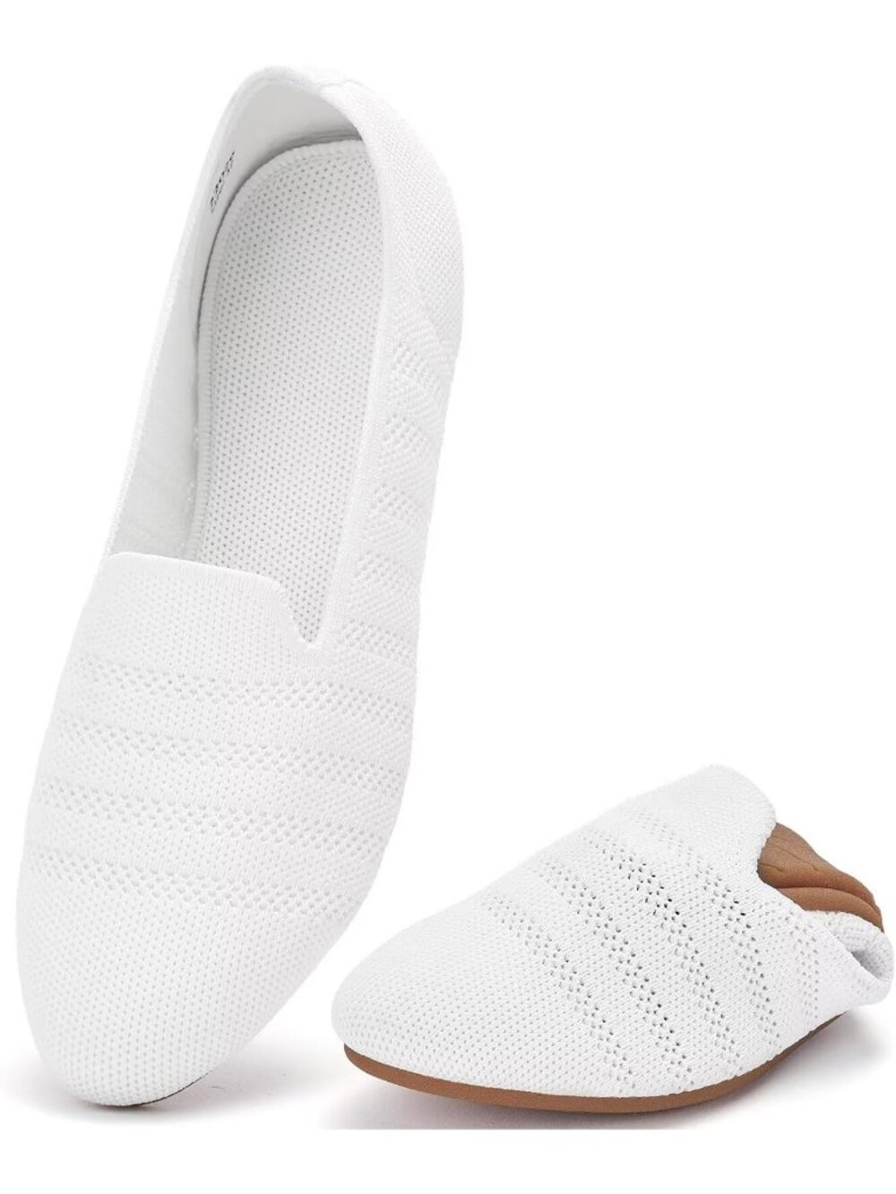 Women's White 1 Ballet Flat Knit Round Toe Textile Slip On Walking Shoes
